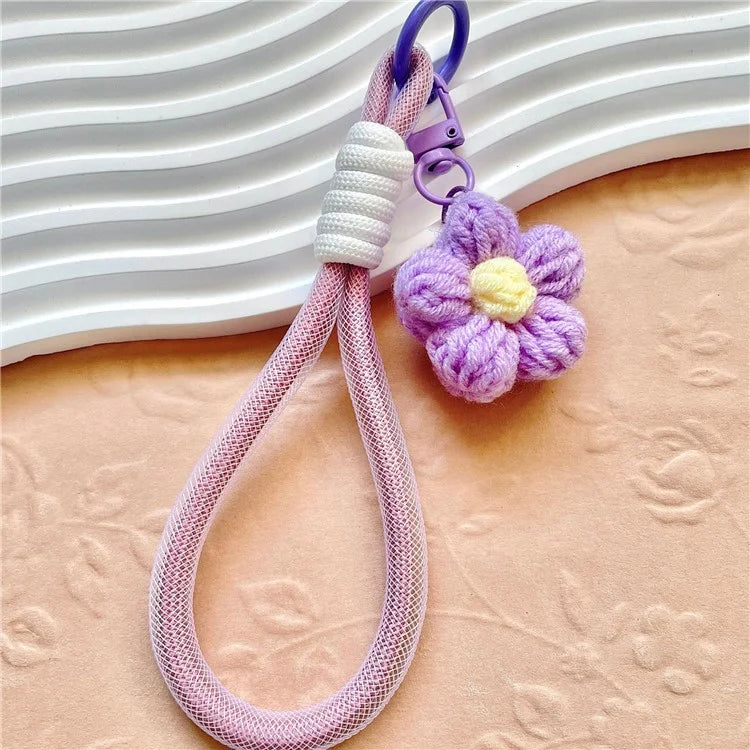 Phone Charms 15cm Hand Woven Flower Keychain Wristlet Strap Polyester Anti-Loss String