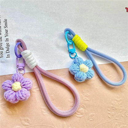 Phone Charms 15cm Hand Woven Flower Keychain Wristlet Strap Polyester Anti-Loss String