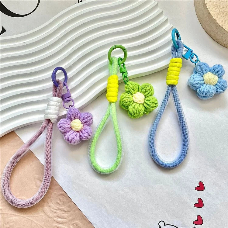 Phone Charms 15cm Hand Woven Flower Keychain Wristlet Strap Polyester Anti-Loss String