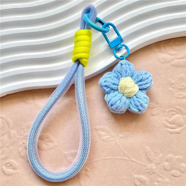 Phone Charms 15cm Hand Woven Flower Keychain Wristlet Strap Polyester Anti-Loss String