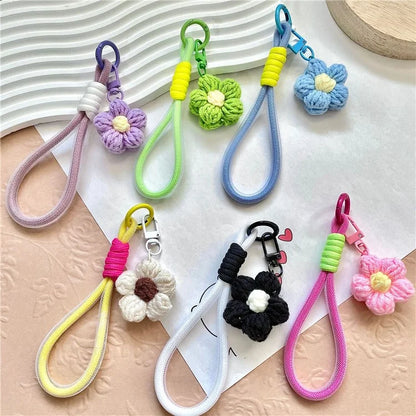 Phone Charms 15cm Hand Woven Flower Keychain Wristlet Strap Polyester Anti-Loss String