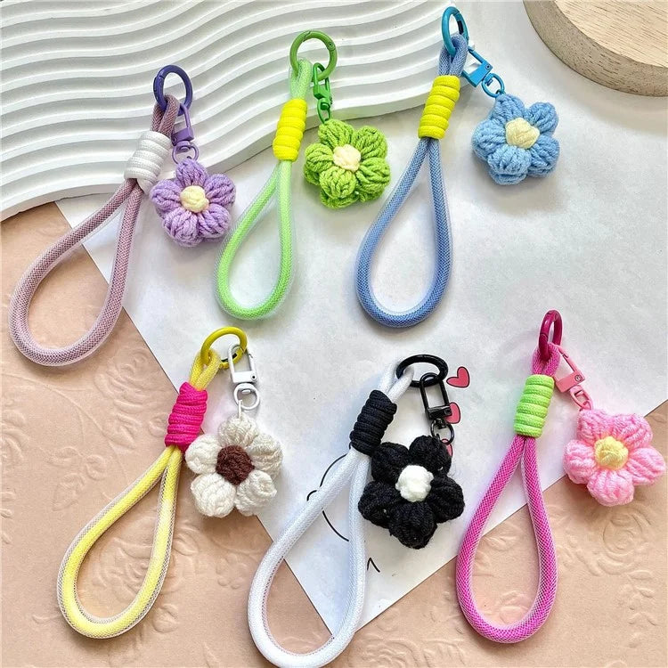 Phone Charms 15cm Hand Woven Flower Keychain Wristlet Strap Polyester Anti-Loss String