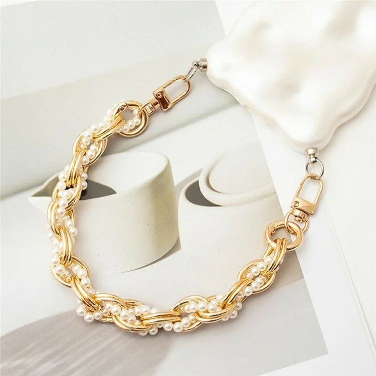 31cm Braided Pearls Phone Charm Strap Dual Buckles Metal Short Strap