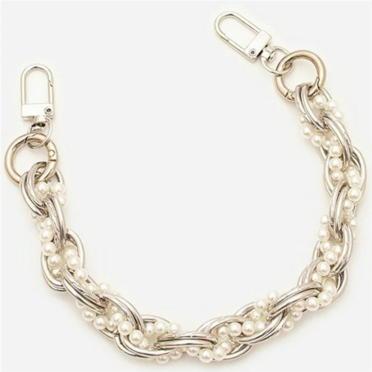 31cm Braided Pearls Phone Charm Strap Dual Buckles Metal Short Strap