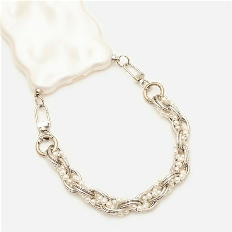 31cm Braided Pearls Phone Charm Strap Dual Buckles Metal Short Strap