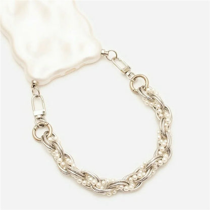 31cm Braided Pearls Phone Charm Strap Dual Buckles Metal Short Strap