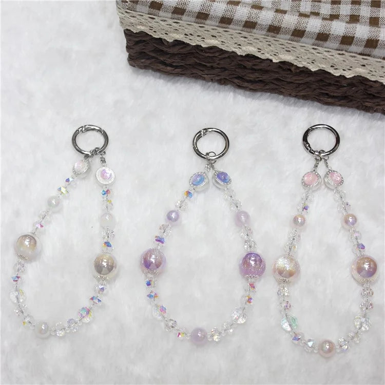 Cell Phone Lanyard 26cm Transparent Beads Wheel Crystal Charm Phone Chain Wrist Strap