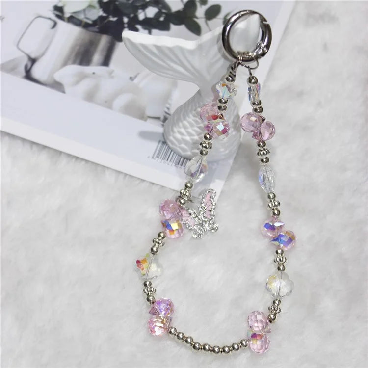 Cell Phone Lanyard 26cm Butterfly Charm Grape Beads Phone Chain Wrist Strap