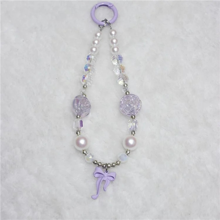 Phone Wrist Strap Short 26cm Flower Bow Accents Beaded Phone Bracelet Strap