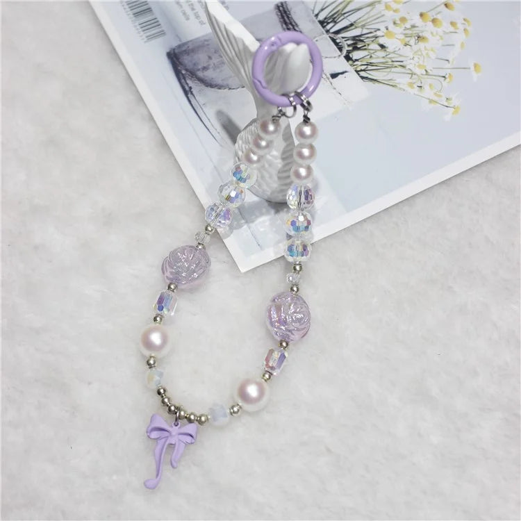 Phone Wrist Strap Short 26cm Flower Bow Accents Beaded Phone Bracelet Strap