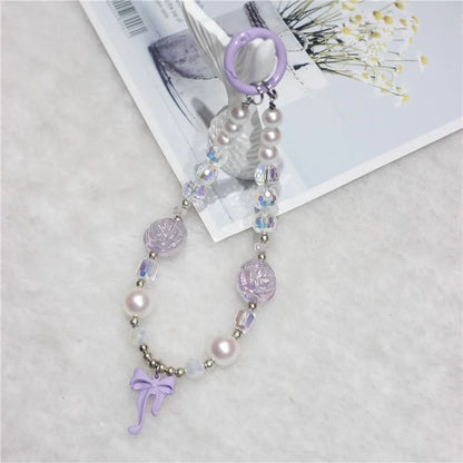 Phone Wrist Strap Short 26cm Flower Bow Accents Beaded Phone Bracelet Strap