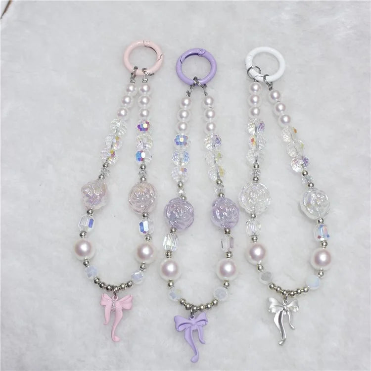 Phone Wrist Strap Short 26cm Flower Bow Accents Beaded Phone Bracelet Strap