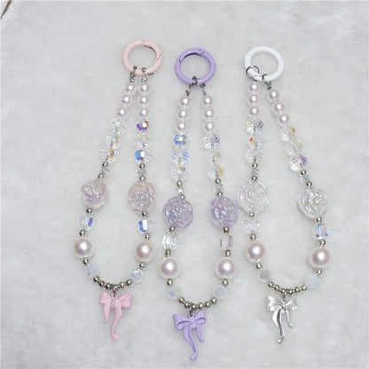Phone Wrist Strap Short 26cm Flower Bow Accents Beaded Phone Bracelet Strap