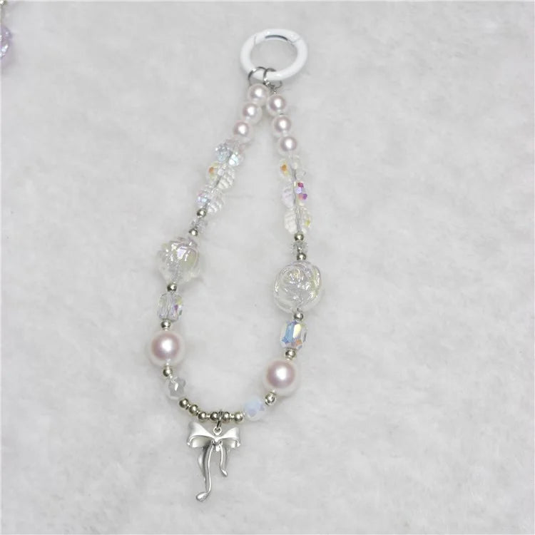 Phone Wrist Strap Short 26cm Flower Bow Accents Beaded Phone Bracelet Strap