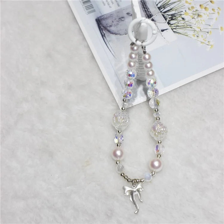 Phone Wrist Strap Short 26cm Flower Bow Accents Beaded Phone Bracelet Strap