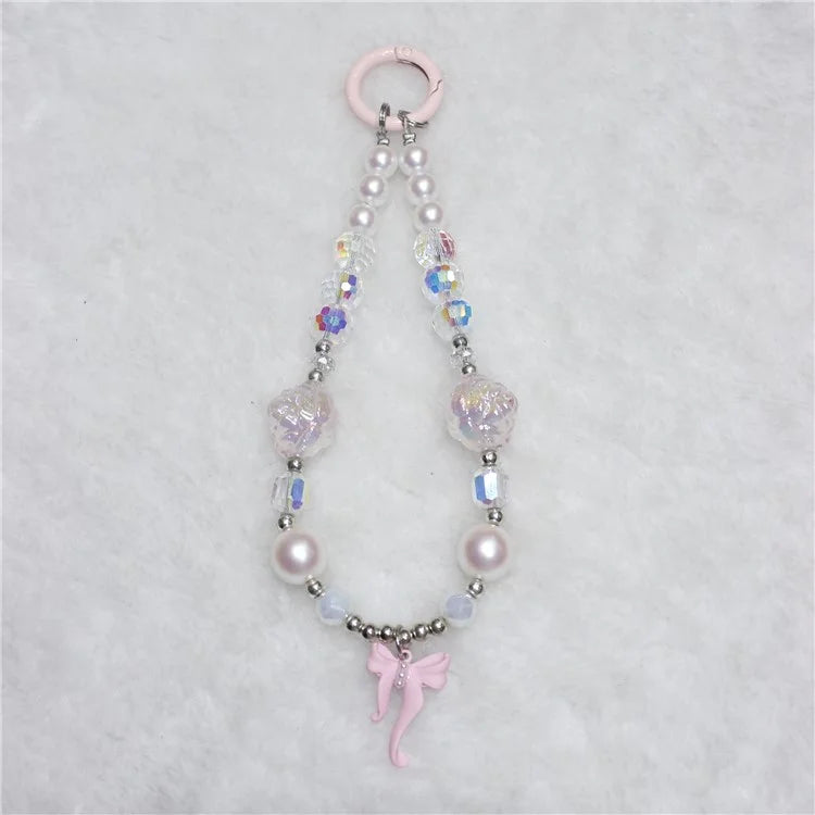Phone Wrist Strap Short 26cm Flower Bow Accents Beaded Phone Bracelet Strap
