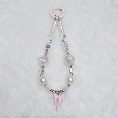 Phone Wrist Strap Short 26cm Flower Bow Accents Beaded Phone Bracelet Strap
