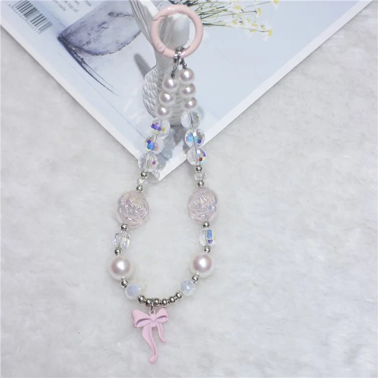 Phone Wrist Strap Short 26cm Flower Bow Accents Beaded Phone Bracelet Strap