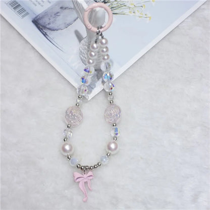 Phone Wrist Strap Short 26cm Flower Bow Accents Beaded Phone Bracelet Strap