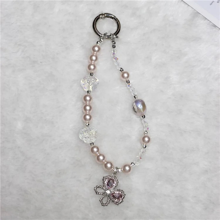 Pearl Beaded Phone Lanyard Short 26cm Butterfly Anti-Lost Wrist Chain Phone Bracelet