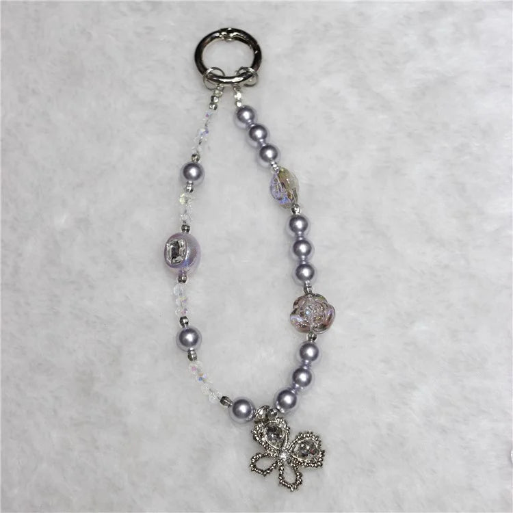 Pearl Beaded Phone Lanyard Short 26cm Butterfly Anti-Lost Wrist Chain Phone Bracelet