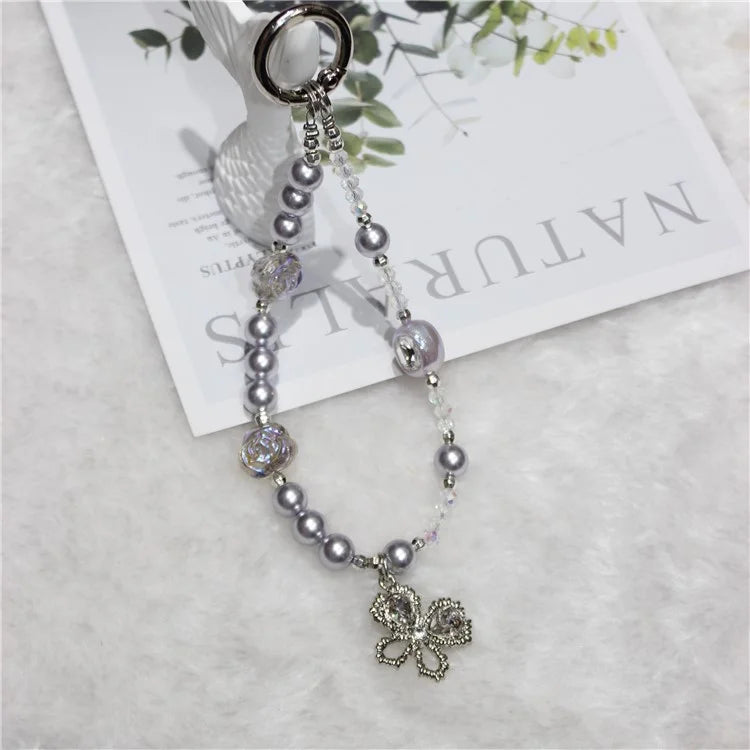 Pearl Beaded Phone Lanyard Short 26cm Butterfly Anti-Lost Wrist Chain Phone Bracelet