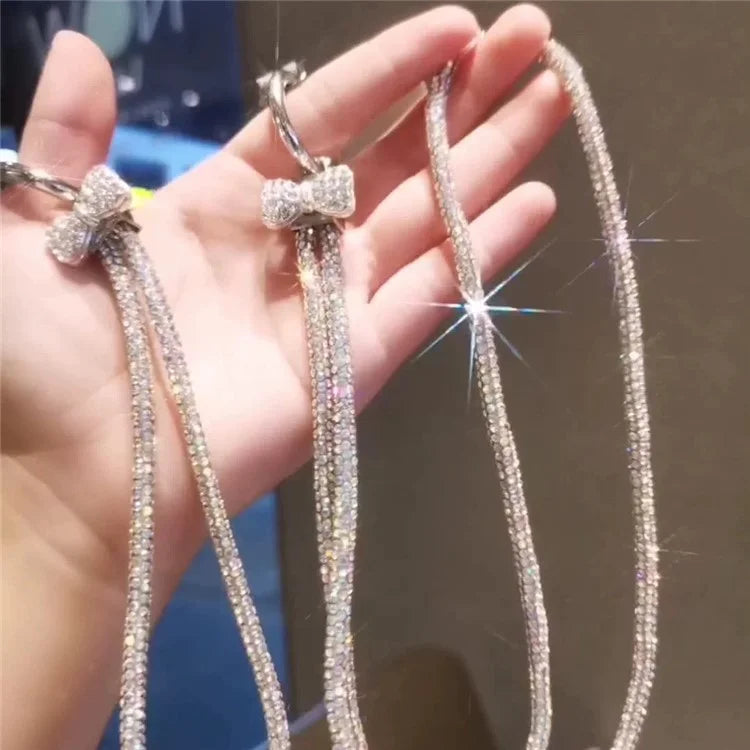Phone Neck Strap Wrist Strap Rhinestone Decor Butterfly Knot Lanyards with 2 Tether Tabs