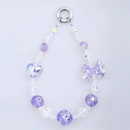 PICOCICI Anti-drop Phone Strap Love Heart Bowknot Decor Crystal Clear Beads Wrist Band