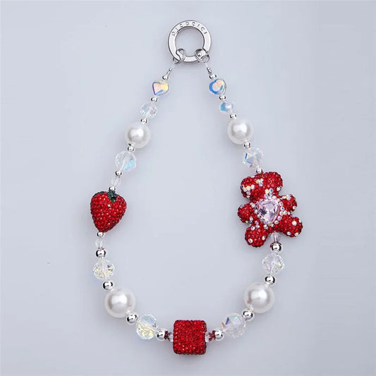 PICOCICI Phone Bracelet Strap Rhinestone Bear Strawberry Pearls Hand Wrist Lanyard