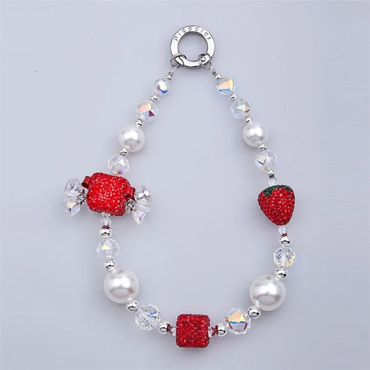 PICOCICI Phone Charms Bracelet Chain Strawberry Bell Pearls Decor Hand Strap Phone Lanyard