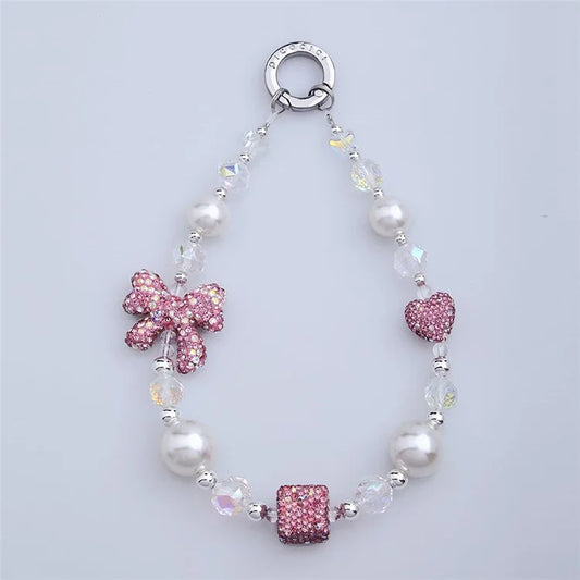 PICOCICI Rhinestone Heart Bowtie Decor Phone Lanyard Beaded Bracelet