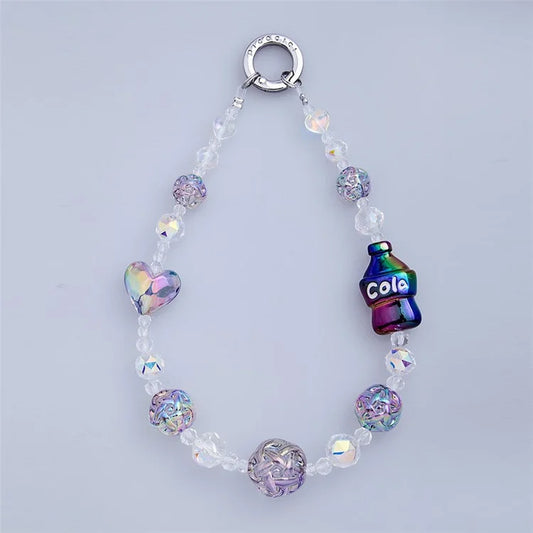 PICOCICI Stylish Cola Heart Decor Beaded Bracelet Phone Anti-drop Lanyard Hand Chain