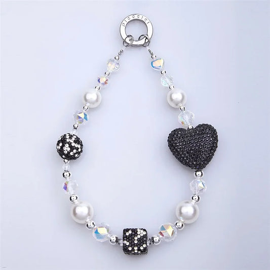 PICOCICI Anti-fall Phone Chain with Rhinestone Heart Cube Decor Beaded Wrist Strap