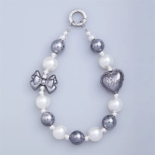 PICOCICI Love Heart Bowknot Decor Phone Anti-drop Lanyard Beaded Bracelet Hand Chain