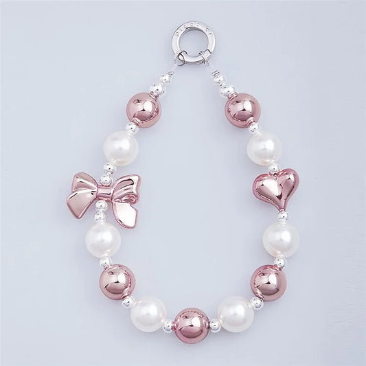 PICOCICI Bowknot Heart Design Anti-lost Lanyard Mobile Phone Chain Beaded Wrist Strap