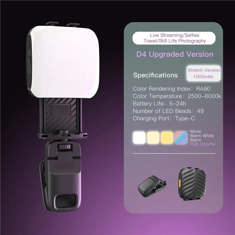 D4 Mini Size RGB LED Clip-On Fill Light Video Conference Lamp for Cell Phone Live Streaming