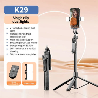 K29D 2.15m Bluetooth Selfie Stick 360 Degree Rotatable Gimbal Tripod with Dual Fill Light and Remote Control