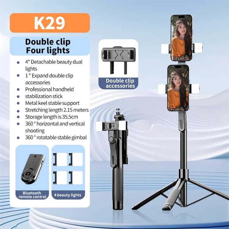 K29 2.15m Bluetooth Selfie Stick Double Phone Clip Tripod Stand with 4 Fill Light