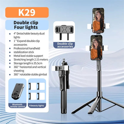 K29 2.15m Bluetooth Selfie Stick Double Phone Clip Tripod Stand with 4 Fill Light