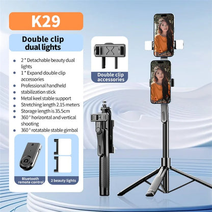 K29D 2.15m Bluetooth Selfie Stick Double Phone Clip Tripod Stand with Dual Fill Light