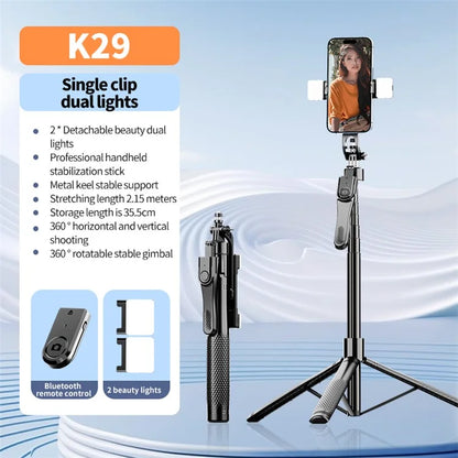 K29D 2.15m Bluetooth Selfie Stick 360 Degree Rotatable Gimbal Tripod Stand with Dual Fill Light