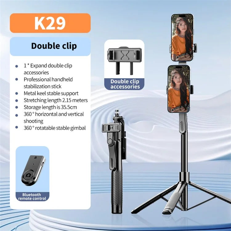 K29 2.15m Bluetooth Selfie Stick 360 Degree Rotatable Gimbal Tripod Stand with Dual Phone Clip