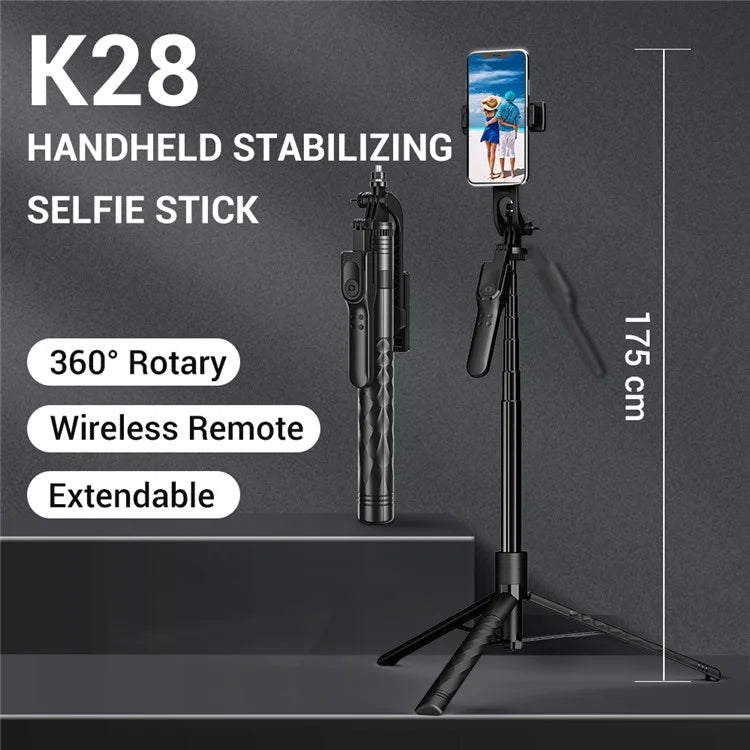 K28 2-in-1 175cm Extendable Aluminum Alloy Floor Tripod Handheld Bluetooth Selfie Stick