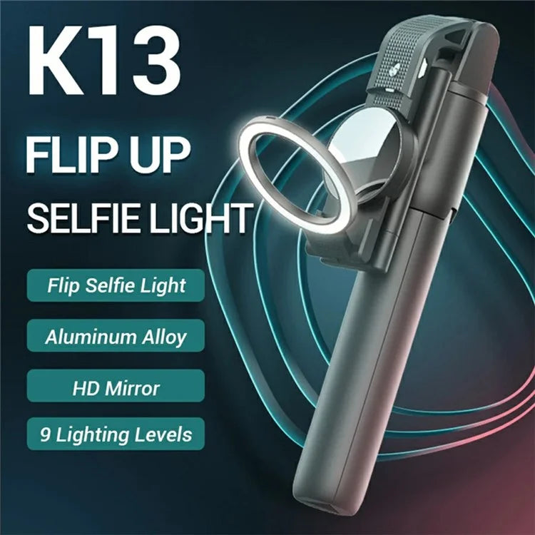 K13 Bluetooth Selfie Stick Folding Tripod Stand with Flip Up Fill Light and HD Mirror
