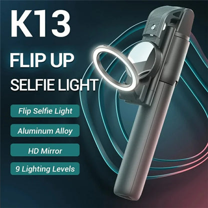 K13 Bluetooth Selfie Stick Folding Tripod Stand with Flip Up Fill Light and HD Mirror