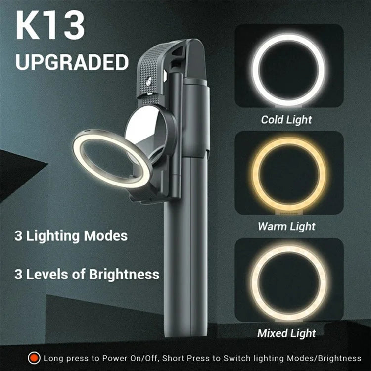 K13 Bluetooth Selfie Stick Folding Tripod Stand with Flip Up Fill Light and HD Mirror