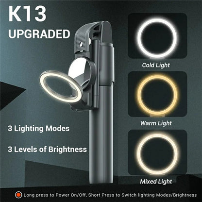 K13 Bluetooth Selfie Stick Folding Tripod Stand with Flip Up Fill Light and HD Mirror