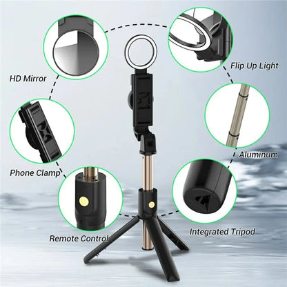 K13 Bluetooth Selfie Stick Folding Tripod Stand with Flip Up Fill Light and HD Mirror