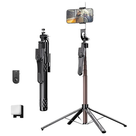C11 1.85m Aluminum Alloy Rod Extendable Four-Legged Stand Phone Holder Bluetooth Selfie Stick with 1 Fill Light