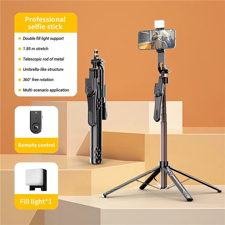 C11 1.85m Aluminum Alloy Rod Extendable Four-Legged Stand Phone Holder Bluetooth Selfie Stick with 1 Fill Light
